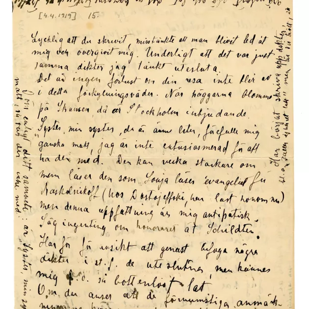 Södergranin kirje toimittaja-kirjailija Hagar Olssonille keväällä 1919.