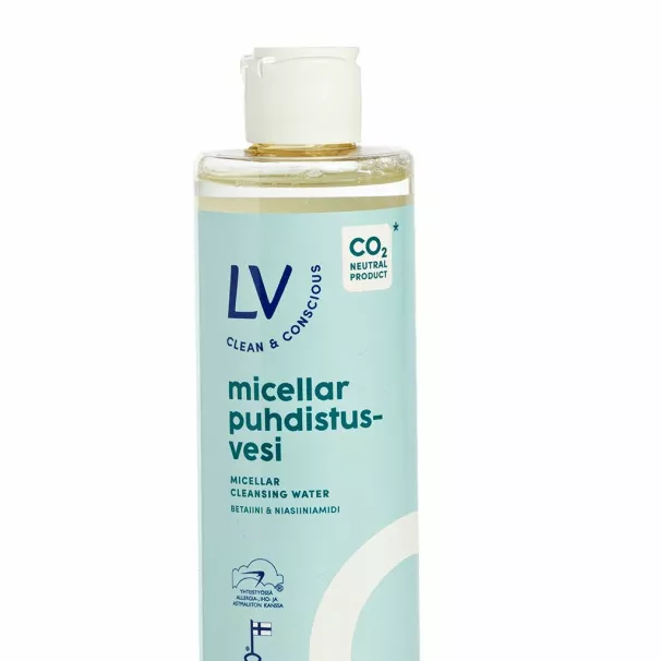 Kotimainen LV micellar -puhdistusvesi poistaa ihon epäpuhtaudet. 250 ml 5,45 €.
