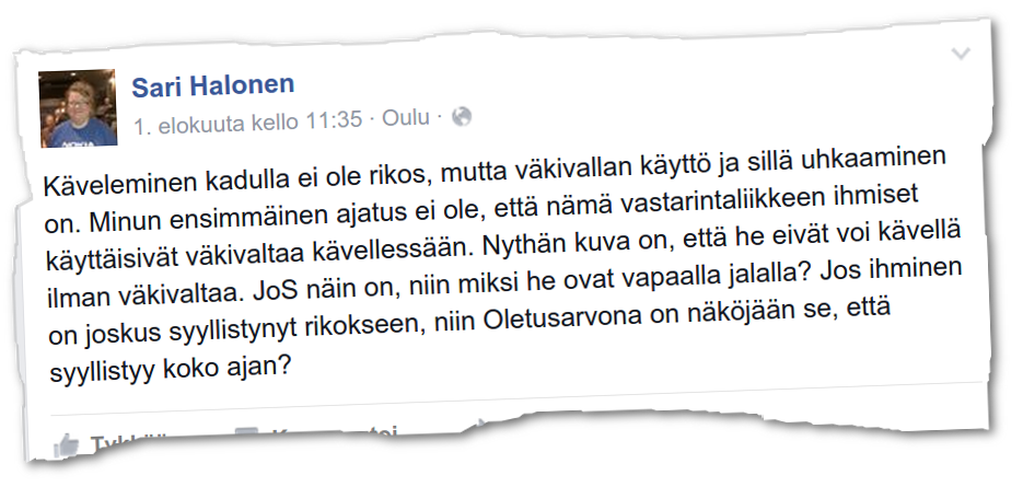 SDP:n oululainen kaupunginvaltuutettu Sari Halonen ei pidä uusnatsien katupartiointia pahana juttuna.