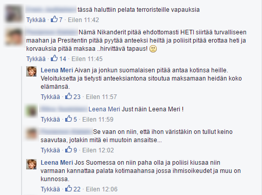 Keskustelua kansanedustaja Leena Meren Facebook-päivityksen yhteydessä.