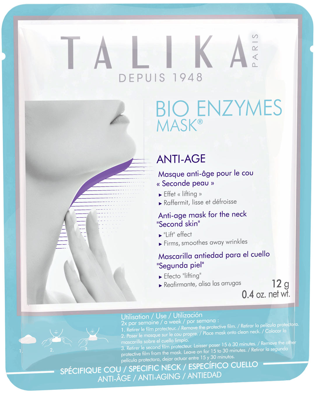 Hyaluronihappoa sisältää leuan alle ja kaulalle aseteltava Talikan bio-enzymes -seeruminaamio. Vaikutusaika 15–30 min. 1 naamio/pakkaus, 9,90 €. 