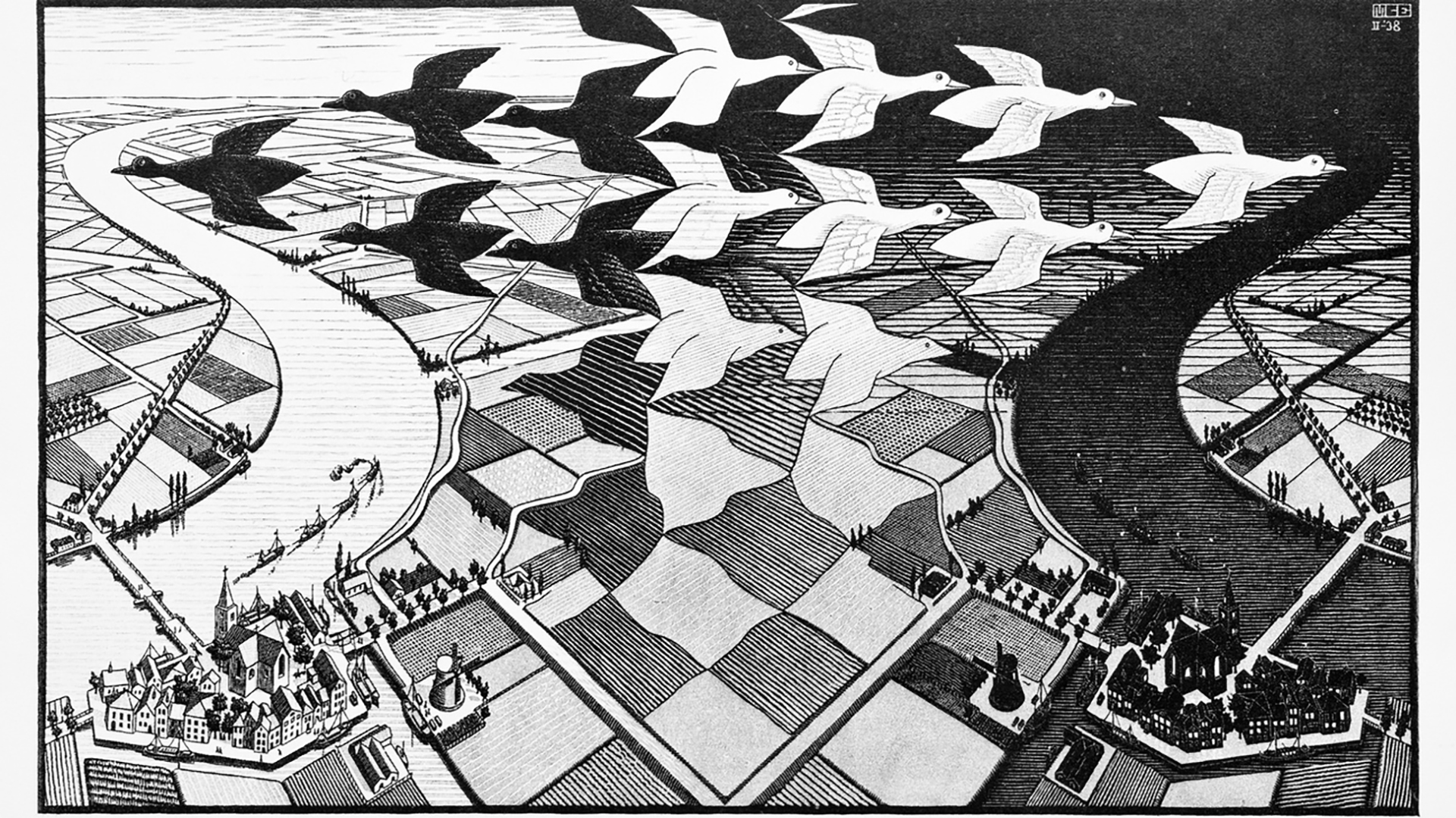 Unien tulkinta: Hollantilaisen Maurits C. Escherin taide oli usein lähtöisin unista ja unen logiikasta, jossa asiat muuttuvat liukuen toisiksi. Puupiirros Päivä ja yö on vuodelta 1938.