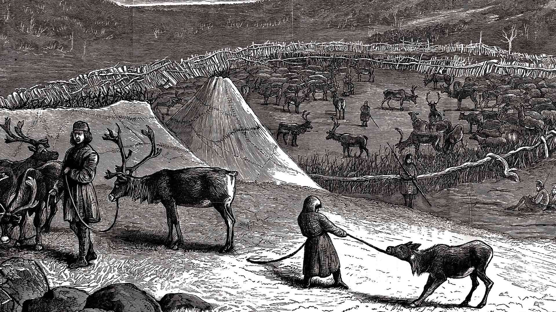 Kuvaus saamelaisten leiristä 1800-luvulta.