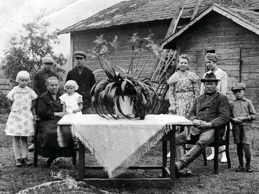Heinäväki tauolla. Kun kaikki tehtiin vielä käsin, heinänteko oli koko perheen ja joskus kylänkin yhteinen työ. © Suur-Uskin kotialbumi