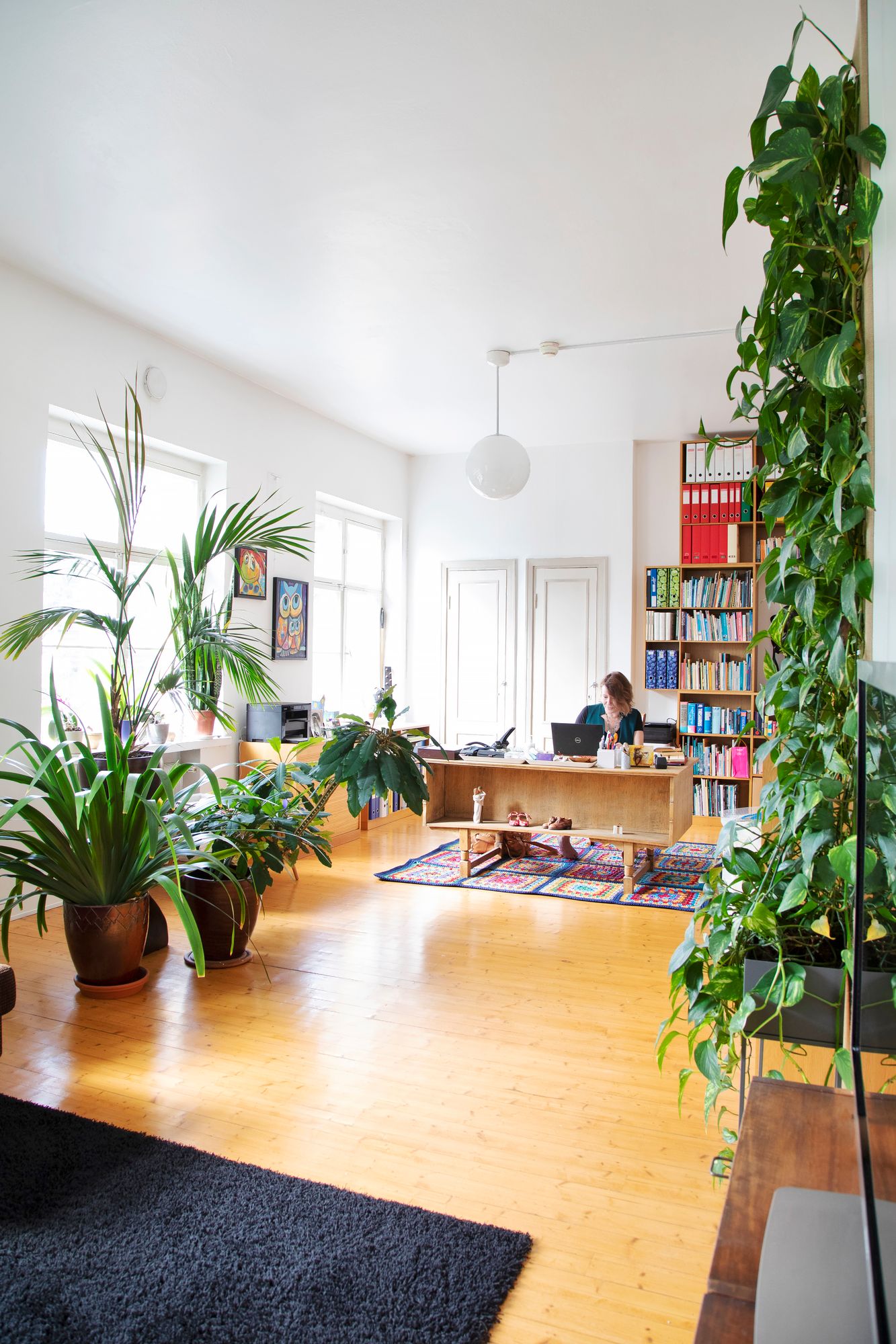 Anna-Maija viihtyy työpöytänsä ääressä ilmaa puhdistavien viherkasvien ympäröimänä. © Suvi Elo