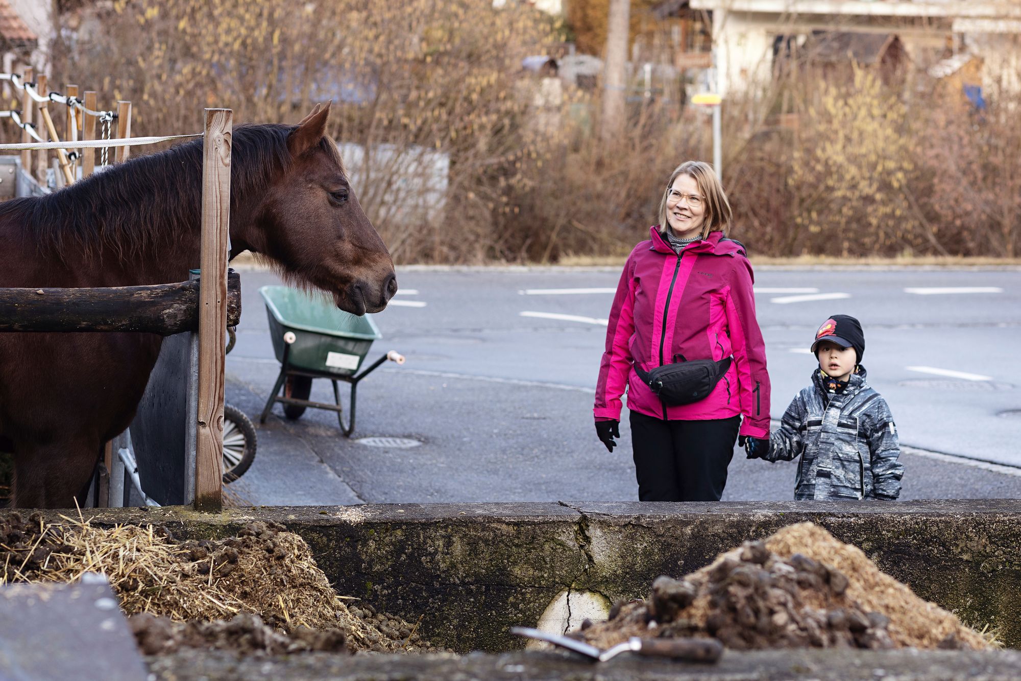 Kävelyretkillä näkee hevosia ja lehmiä, mutta eniten Axelia kiinnostavat työkoneet ja autot. © Kati Schneider