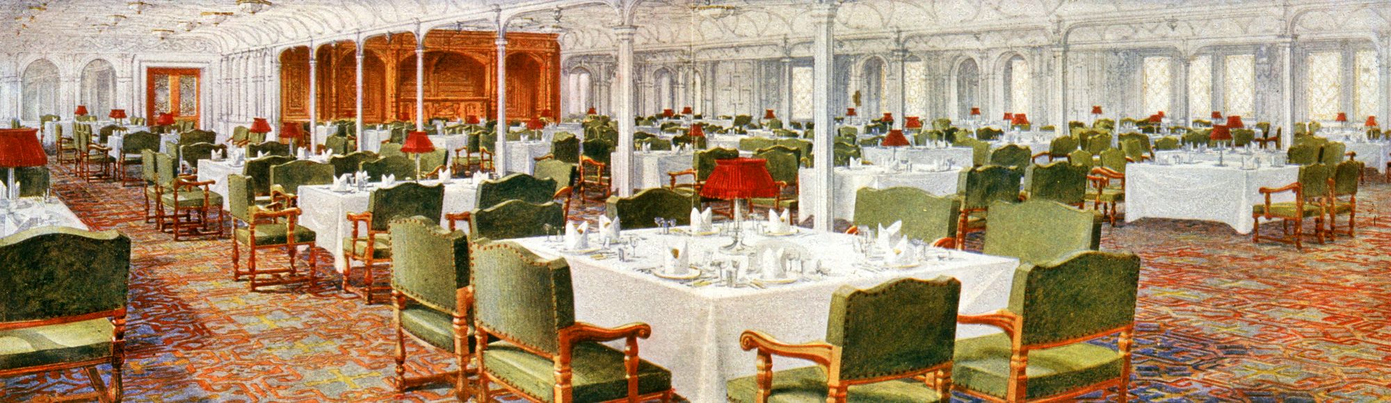 Titanicin ensimmäisen luokan ruokailusalonki oli avara ja pöydät aina aina huolellisesti katettu. © Mary Evans Picture Library / Lehtikuva