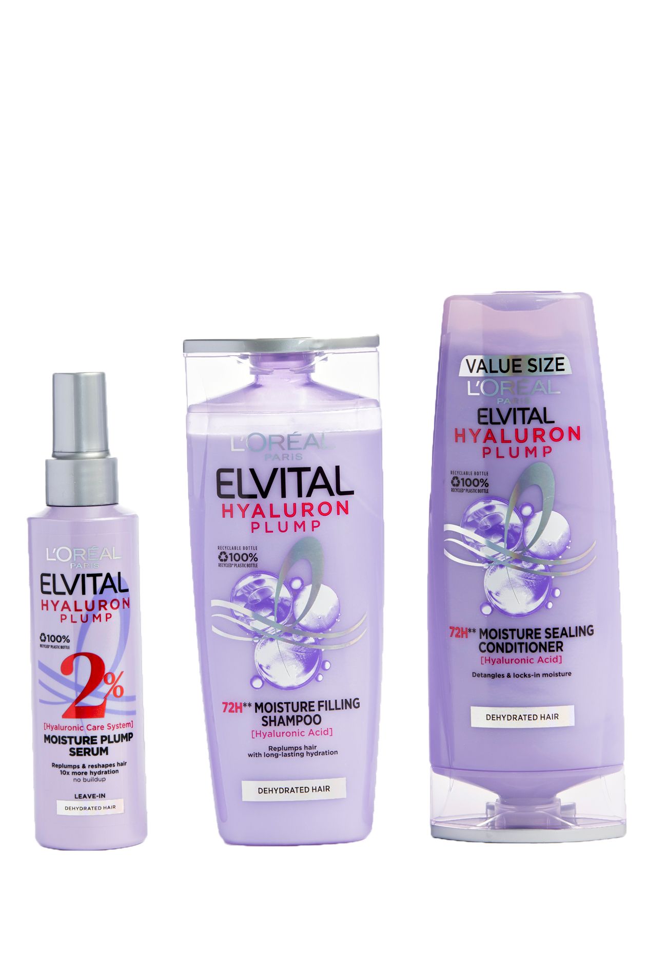 Hiuksia kosteuttava Elvital Hyaluron plump moisture filling -sampoo 250 ml 5,50 €, hoitoaine 200 ml 3,60 € ja seerumi 150 ml 9,90 €. © Tommi Tuomi