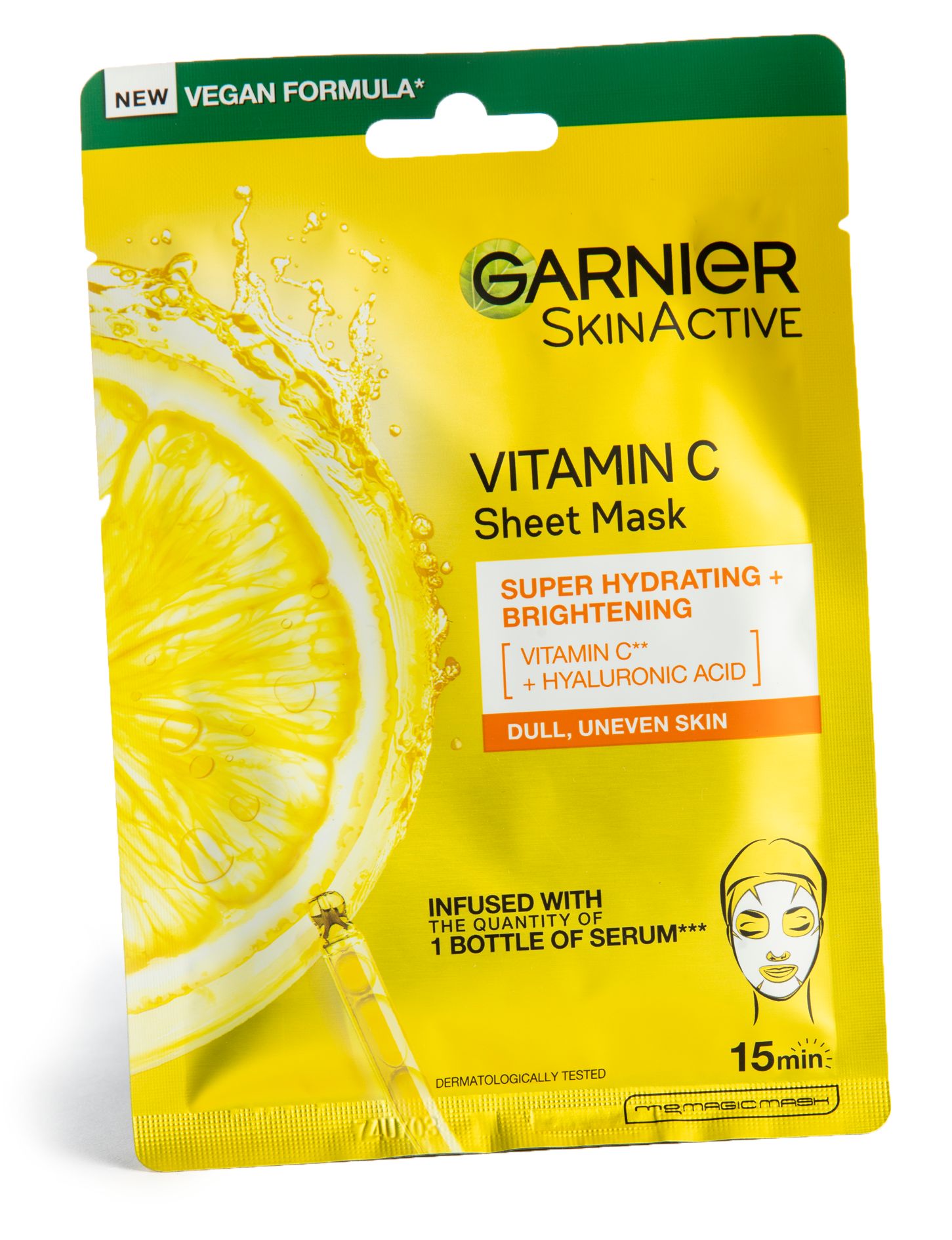 Tehokosteuttava Garnier Vitamin C Sheet mask -kasvonaamio. 3,90 €. © Tommi Tuomi