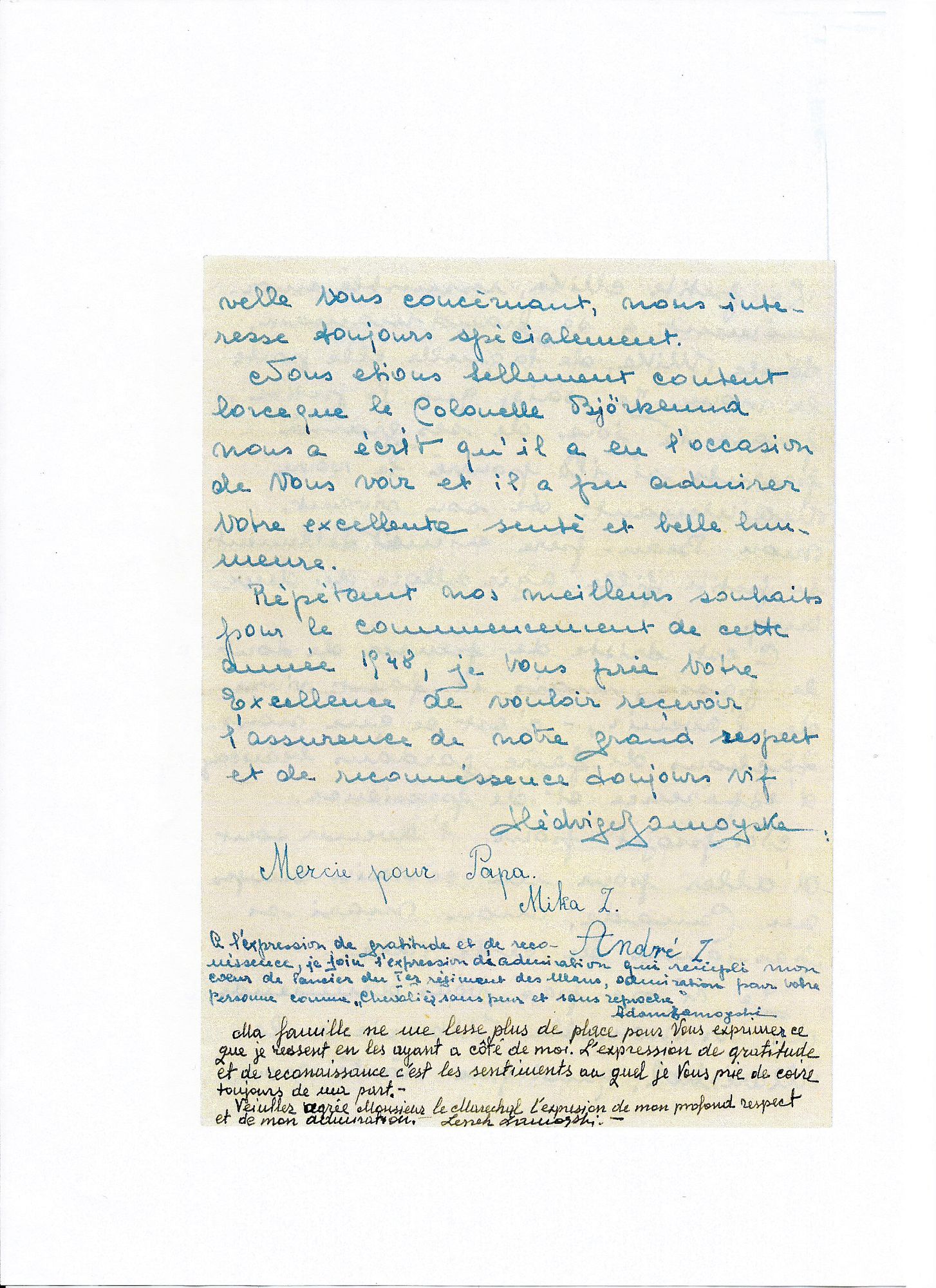 Zamoyskin perheen kirjeen viimeinen sivu Mannerheimille tammikuussa 1948. Lapset Mika ja Andrzej kirjoittavat ”Mercie pour Papa – Kiitos isästä”.