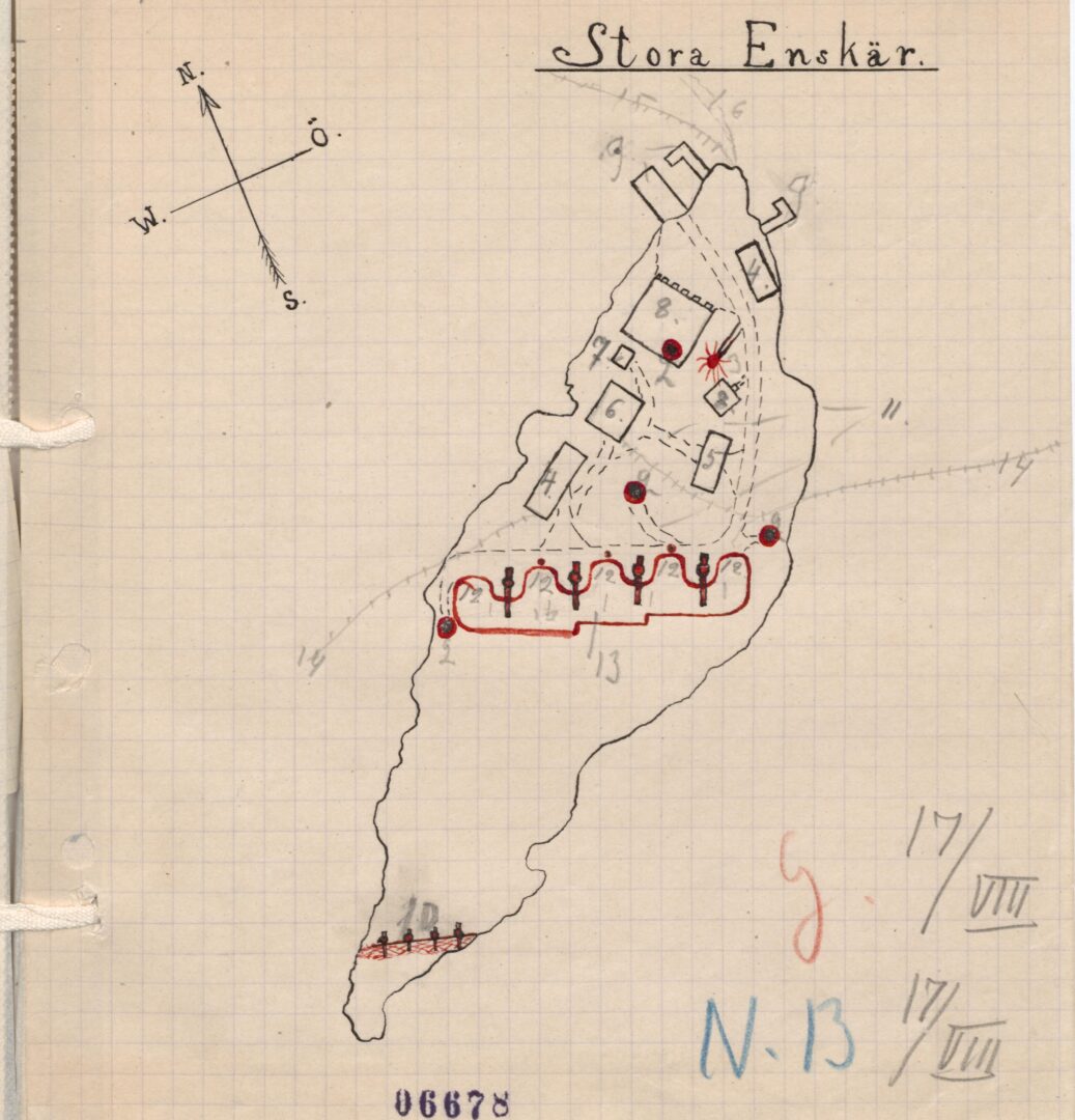 Isak Alfthanin organisaation agenttiraportin karttapiirros Katajaluodon linnakkeesta vuodelta 1917. 