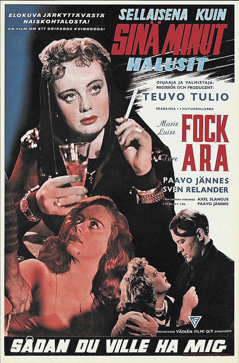 Teuvo Tulion elokuvassa Sellaisena kuin sinä minut halusit (1944) nuori Maija (Marie-Louise Fock) pettyy rakkaudessa ja ajautuu kaupungissa prostituoiduksi. © Elonet