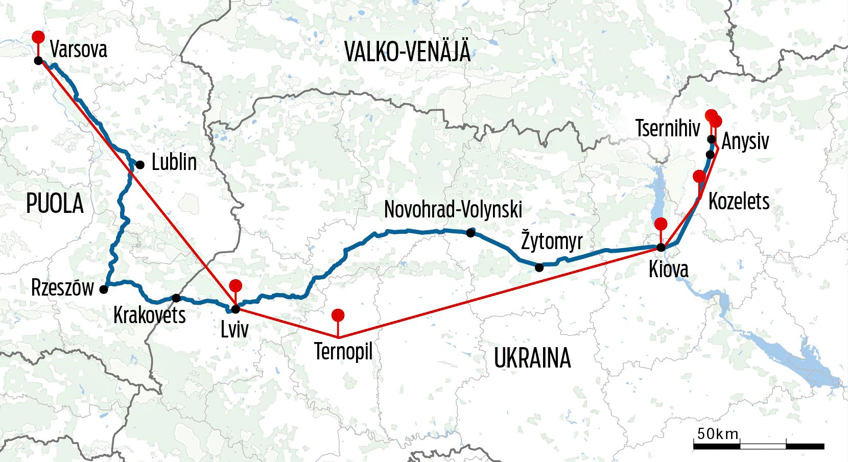 Punaisella on merkitty reitti, jota pitkin Volodymyr pakeni maaliskuussa Tšernihivistä Požnaniin Puolaan. Tarkkaa kulkureittiä on mahdotonta piirtää, sillä pakenijat eivät olleet aina selvillä sijainnistaan. Anysivissä matkaa tehtiin miinoitettua peltoa pitkin. Paluumatka Požnanista Tšernihiviin on piirretty sinisellä.