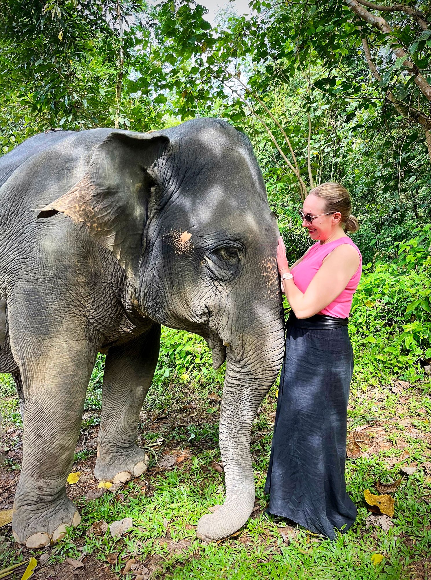 Norsu Bai-Ngern päästää lähelle, kun tuttu hoitaja on näköetäisyydellä. Toimittaja Eveliina Lauhio vieraili Phuket Elephant Sanctuary -puistossa, jossa voi tutustua elefanttien elämään niiden luonnollisessa kasvu­ympäristössä. © Eveliina Lauhio