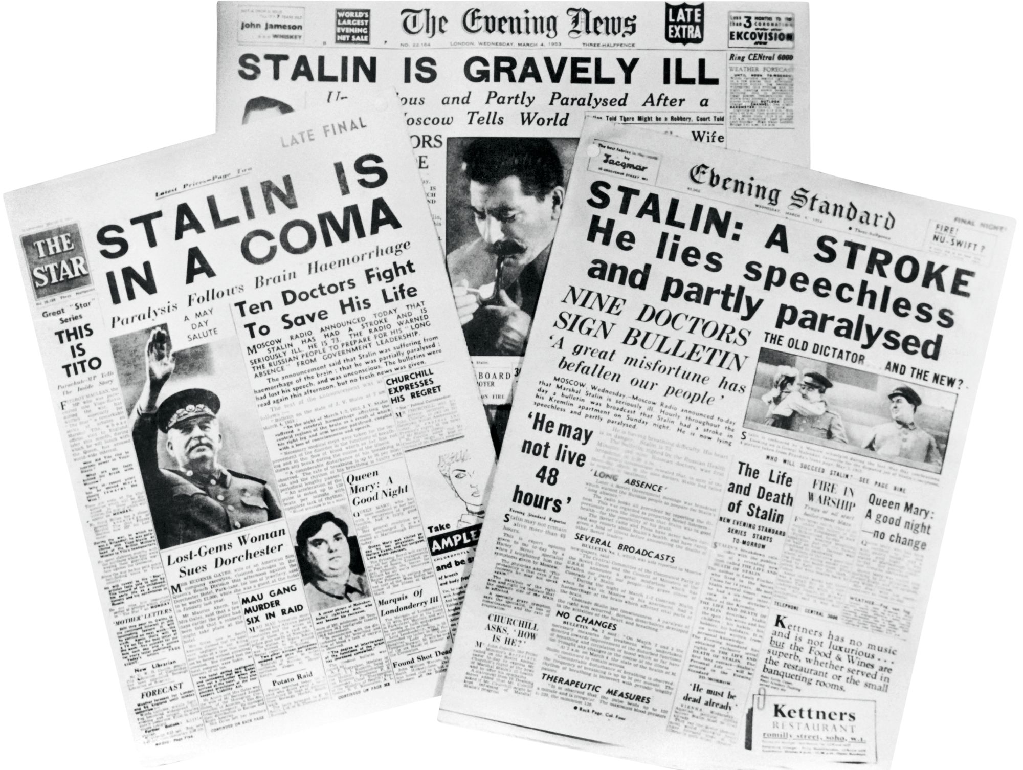 Läntisen maailman sanomalehtien otsikot ennakoivat Stalinin kuolemaa: Stalin tajuton; Stalinilla aivohalvaus; Stalin vakavasti sairas. © AFP