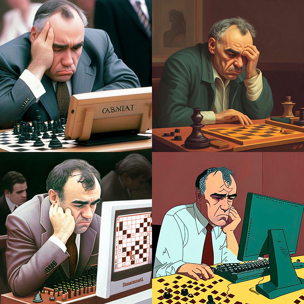 Tekoäly sai vapaasti luoda Seuran juttuun omia tulkintojaan masentuneesta Garry Kasparovista, joka hävisi shakissa tietokoneelle. © Midjourney-tekoälyohjelma