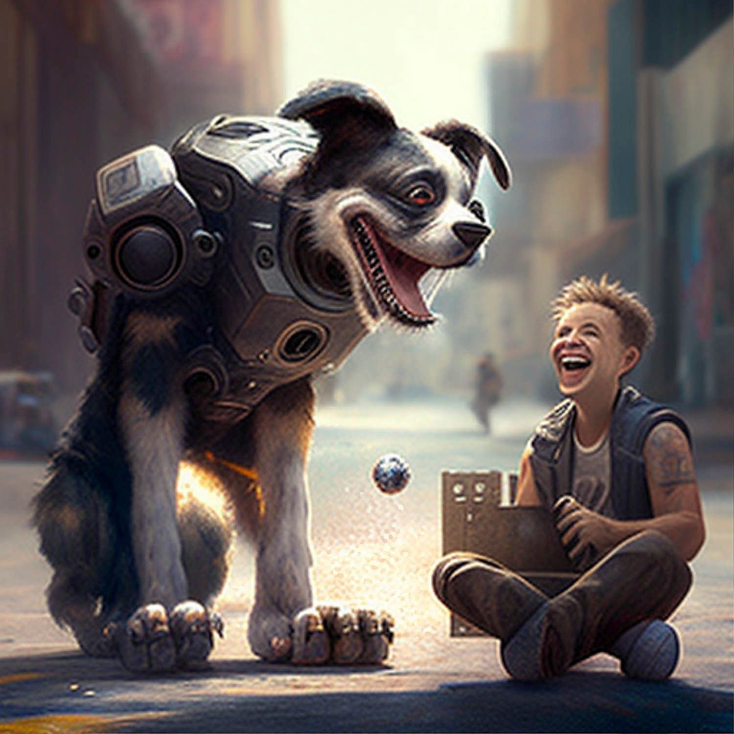 Tätä kuvitusta varten Seura evästi tekoälyohjelmaa seuraavin sanoin: terminaattorirobotti nauraa ihmisen kanssa hauskalle koiralle, joka ­leikkii pallolla ­kadulla. © Midjourney-tekoälyohjelma 