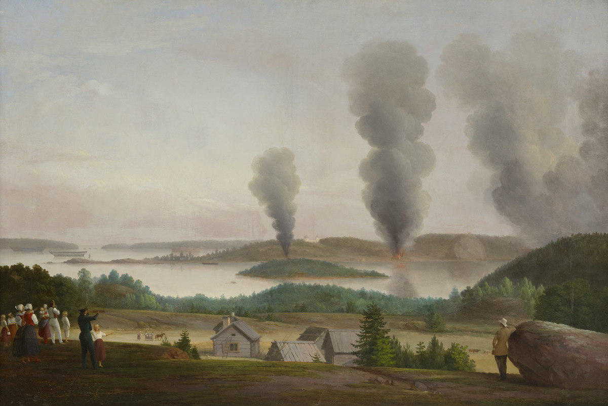 Kohtaus Oolannin sodasta – Ruotsinsalmi poltetaan. Taitelija Berndt Godenhjelmin teos vuodelta 1855.