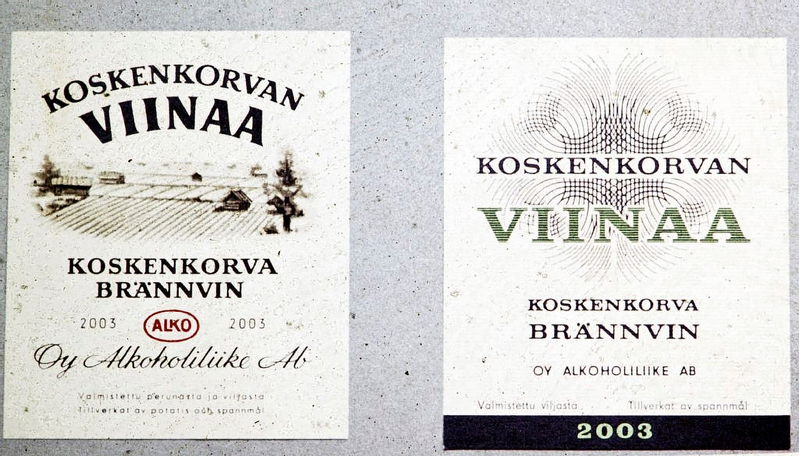 Vasemmanpuoleinen etiketti oli käytössä vuosina 1955–1960. Oikeanpuoleisen etiketin on suunnitellut Tapio Wirkkala, ja se oli käytössä vuoteen 1967 asti. © Finna